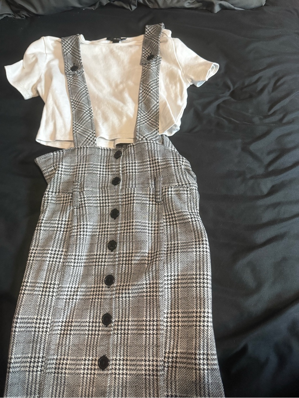Forever 21 Black & White Plaid Suspender Skirt Set with White Crop Top